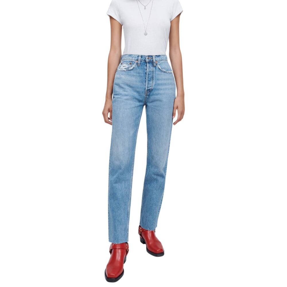 RE/DONE 70s Ultra High Rise Stove Pipe Jeans 29 Worn Blue Raw Hem Cotton REDONE